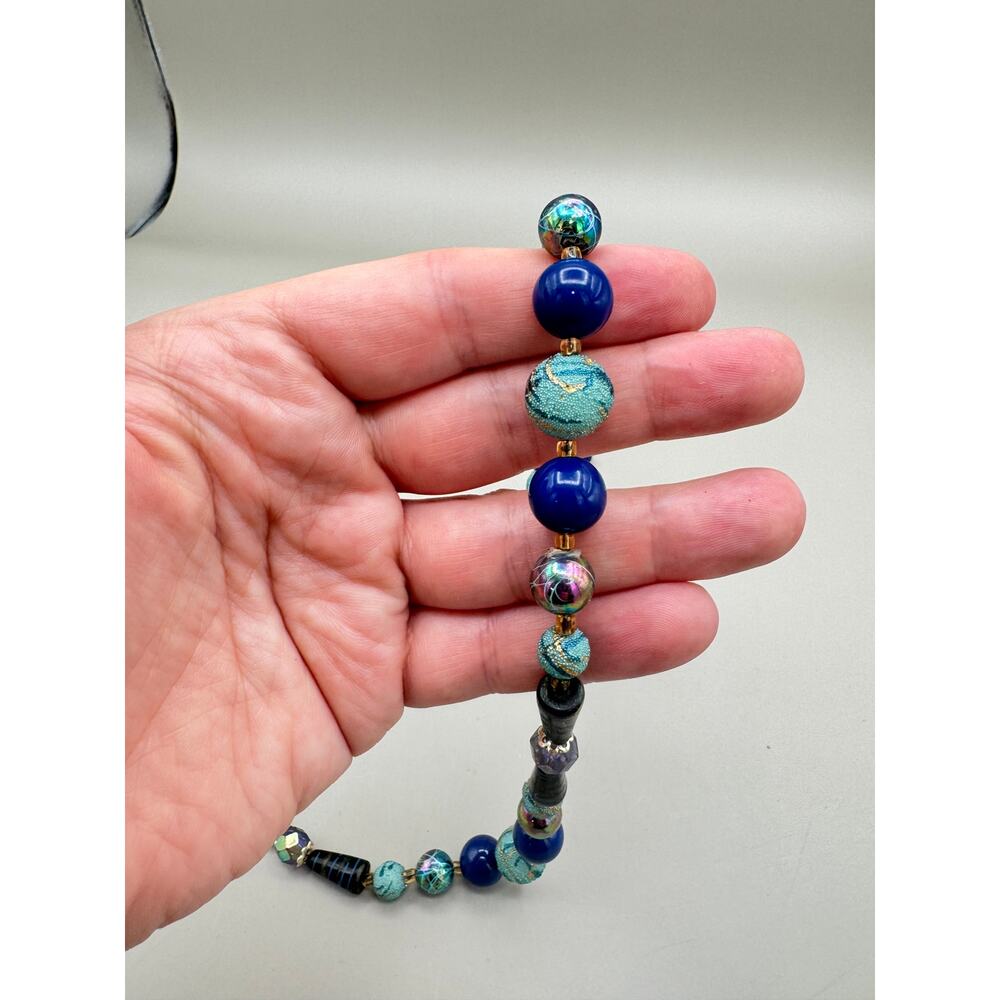 Vintage Blue Teal Gold Metallic Beaded Necklace - Picture 9 of 10